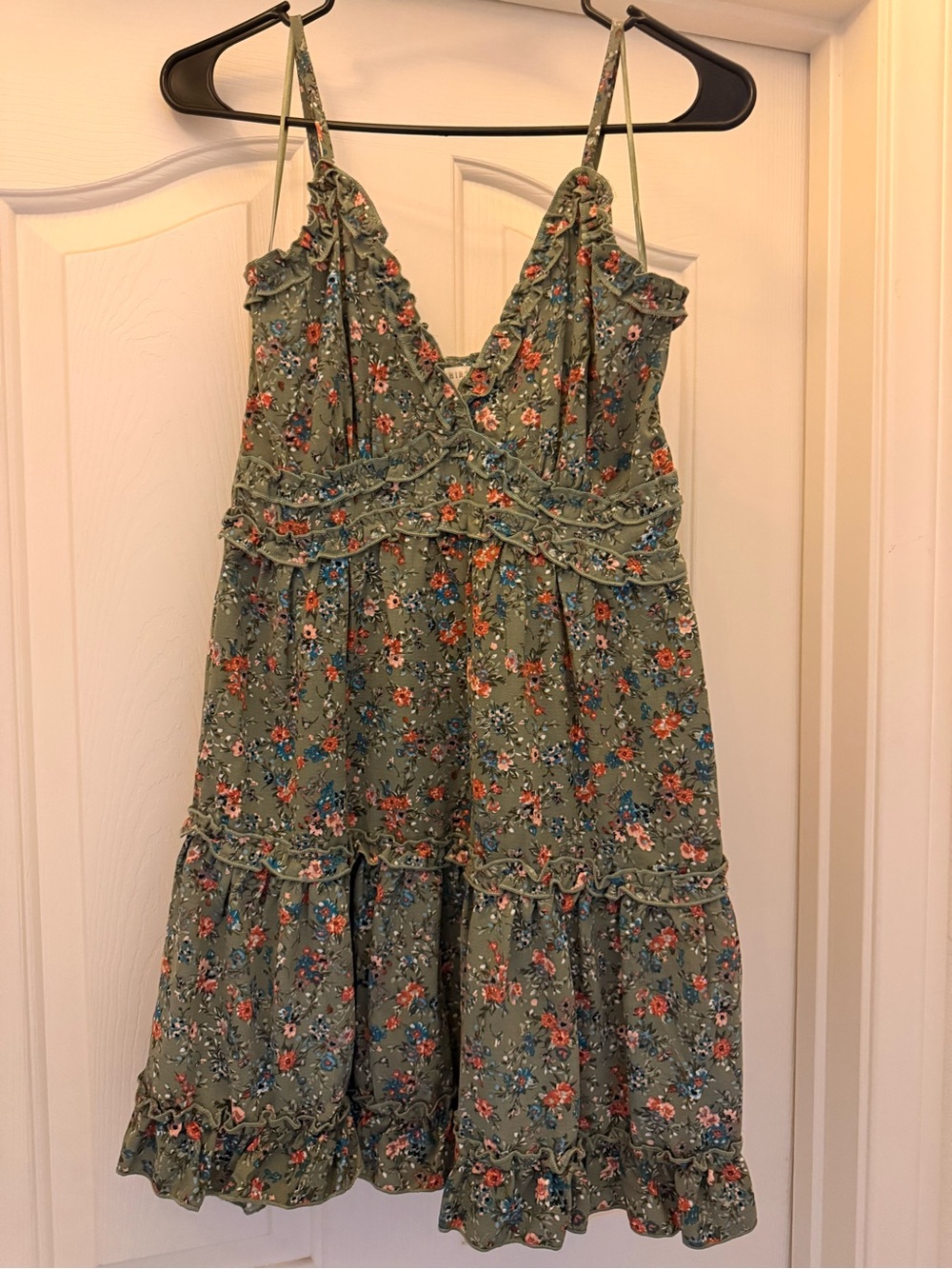 Green Floral Ruffle-Trim Mini Dress with Spaghetti Straps